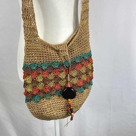 Straw Hobo Bag Multicolor Button Closure - Picture 2 of 10